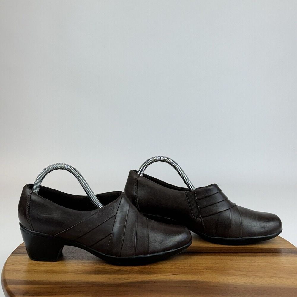 Womens Clarks Collection Channing Essa Brown Leather Slip On Heels Size 8.5 M